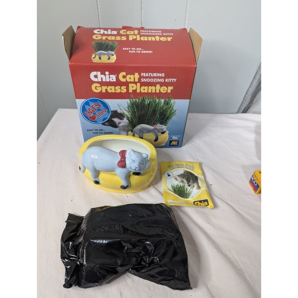 Chia pet cat Snoozing kitty grass ceramic planter healthy growing mix New open b